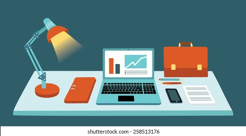 Vector illustration of  workplace. Night work