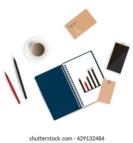 Vector illustration of workplace. Notepad, pencils and coffee. Flat lay design.