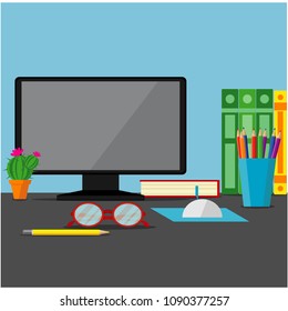 Vector illustration of a workplace in the office: computer, books, notebooks, office supplies.