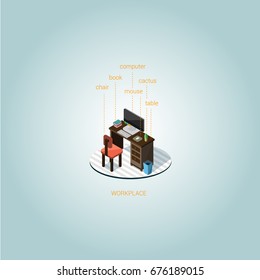 Vector illustration. Workplace. Office. Interiors. Words. 