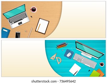 Vector illustration of Workplace office with a laptop and office equipment