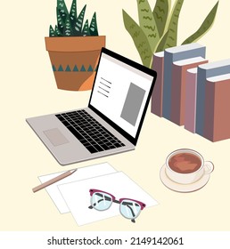Vector illustration of the workplace in the office. On the table there is a laptop, documents, glasses, a pen, houseplants, books and a cup of coffee. Employee's desk in the office