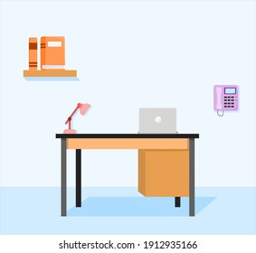 Vector illustration of a workplace office with an office table and bookshelf