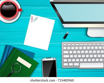 Vector illustration of Workplace office top view background