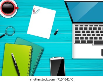 Vector illustration of Workplace office top view background