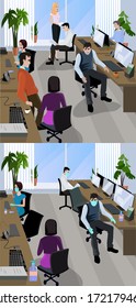 Vector illustration of workplace in the open office of the corporation after quarantine