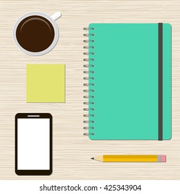 Vector illustration workplace organization. Work desk for office with stationery elements on table