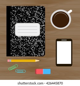 Vector illustration workplace organization. Work desk for office with stationery elements on table