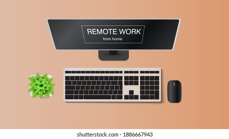 Vector illustration of a workplace for remote work. Monitor, keyboard, mouse, flower in a pot. EPS 10.