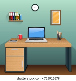 Vector illustration of Workplace in room with green wall