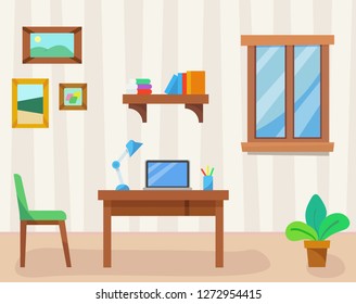 Vector illustration of workplace in room at home. Cabinet with workspace with writing table and laptop, with a chair, book shelf, glossy window, flower pot. Flat style vector cartoon illustration.