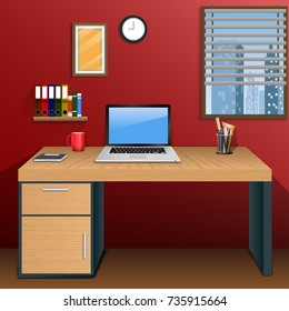 Vector illustration of Workplace in room with view city at window