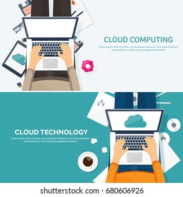 Vector illustration. Workplace, table with documents, computer. Flat cloud computing background. Media, data server. Web storage.CD. Paper blank. Digital technologies. Internet connection.