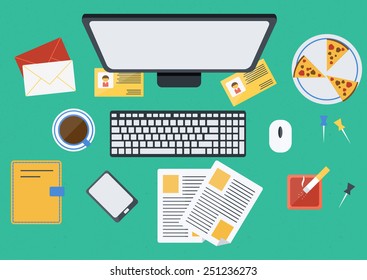 Vector illustration with workplace top view for your design