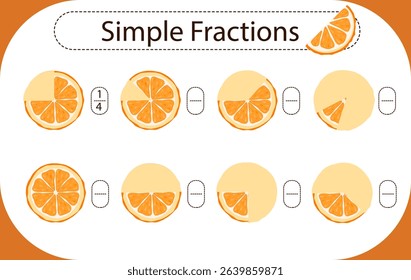 vector illustration of a worksheet with fractions for children using the example of orange slices. Mathematics for preschool and school-age children.