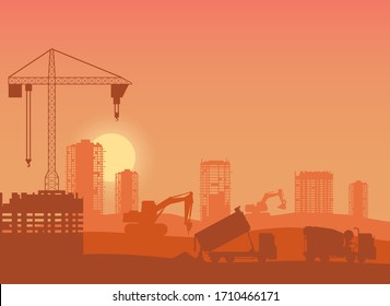Vector illustration of a worksite with buildings, trucks and heavy equipment against a setting sun.
