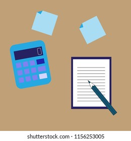Vector illustration of workspace with calculator, note, pencil, sheets of paper on brown background. Top view