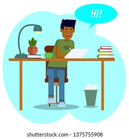 Vector illustration. Workspace concept. Student with a graphic tablet. Young, businessman, graphic designer works sitting behind the desk using a tablet and graphic pen. Сommunication in social networ