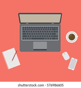 Vector illustration of workspace consist of notebook, smartphone, paper, pencil and coffee cup