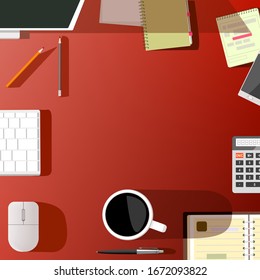 Vector illustration of workspace. Desk with computer top view, cup of coffee, pen, notebook, calculator.
