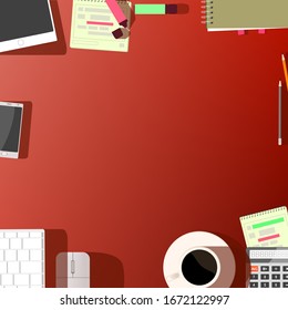 Vector illustration of workspace. Desk with computer top view, cup of coffee, pen, notebook.