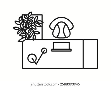 Vector illustration of a workspace featuring a laptop, a plant, and a chair in a top-down view. Ideal for modern office layouts and productivity planning.