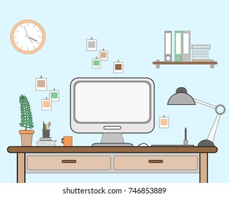 Vector illustration workspace for freelancer with computer, lamp, shelf, books, and cup of coffee on blue wall background in flat style with line.