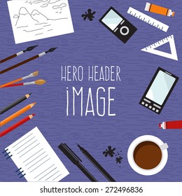 Vector illustration of Workspace with goods of the artist. Mock up for creative workshop. Hero header image