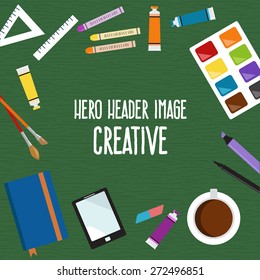 Vector illustration of Workspace with goods of the artist. Mock up for creative workshop. Hero header image