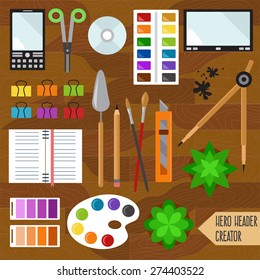 Vector illustration of Workspace with goods of the artist. Creative hero header image creator