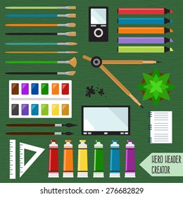 Vector illustration of Workspace with goods of the artist. Creative hero header image creator. Workplace with objects for artist. Isolated objects