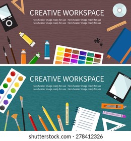 Vector illustration of Workspace with goods of the artist. Mock up for creative workshop. Hero header image ready for use