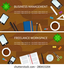 Vector illustration of Workspace with goods of the business and freelance. Mock up for business management and freelance workplace. Hero header image ready for use