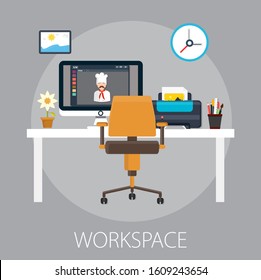 Vector Illustration Of Workspace And Home Workspace Concept With 