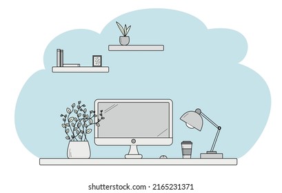 Vector illustration, workspace, home office, work and study at home, online education, webinars, seminars, blogging
