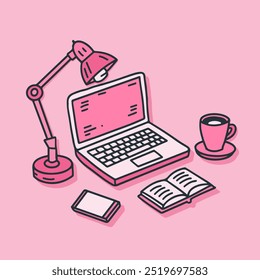 Vector illustration of workspace with laptop, desk lamp, open book, notebook, and coffee cup in pink line art style. Ideal for office, study, remote work, and creative productivity themes.