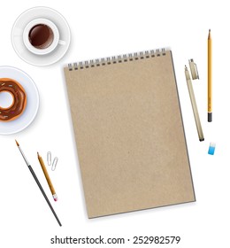 Vector illustration of Workspace with notebook and coffee