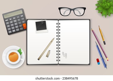 Vector illustration of Workspace with notebook and tea