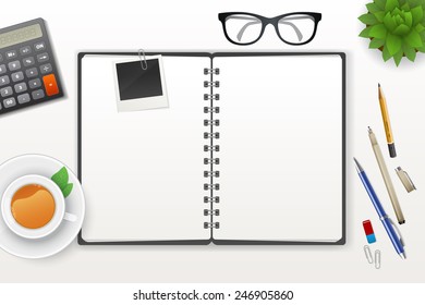 Vector illustration of Workspace with notebook and tea