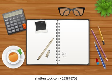 Vector illustration of Workspace with notebook and tea
