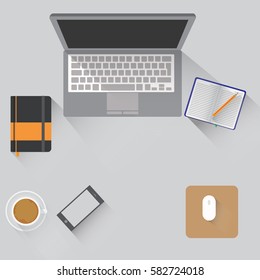 Vector illustration of workspace with objects lying on a gray background