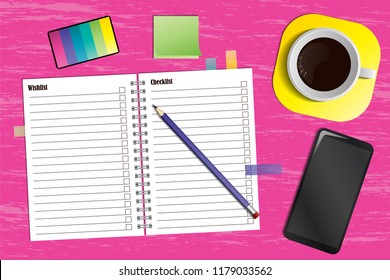 Vector illustration of workspace with a planner and a cup of coffee, bright colors, different supplies
