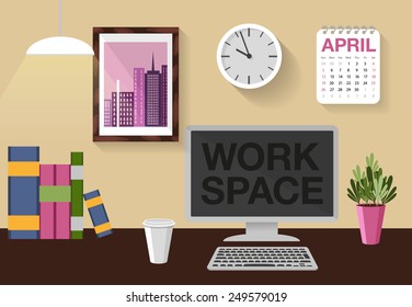 The vector illustration of the workspace for your design. Computer, books, picture on the wall, clock, calendar, coffee cup and small plant on a table.