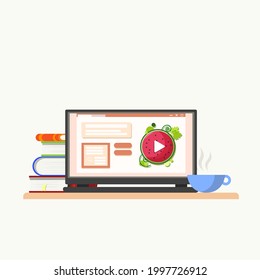 Vector illustration of workstation with laptop, cup of coffee, and books. Isolated on a white background