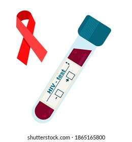 vector illustration of world aids day.  medical test tube with blood for HIV and AIDS test.  red ribbon in memory of the victims of HIV