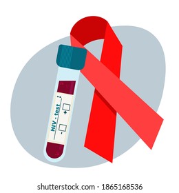vector illustration of world aids day.  medical test tube with blood for HIV and AIDS test.  red ribbon in memory of the victims of HIV