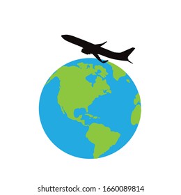Ilustración vectorial del mundo con aviones sobre fondo blanco. Símbolo de viaje alrededor del planeta.