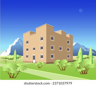 Vector illustration World architecture. Hotel in the mountains (Morocco)