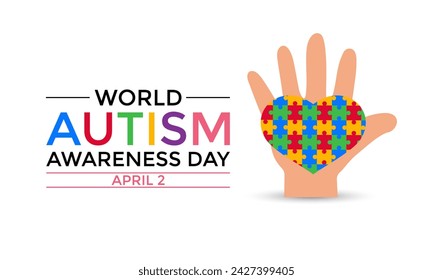 Vector Illustration of World autism awareness day.  Hands holding jigsaw puzzle heart shape.  Greeting card, Banner poster, flyer and background design.