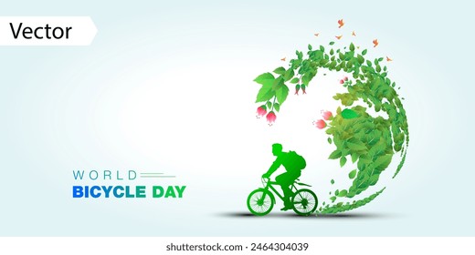 Vektorillustration des World Bicycle Day Banner. Mann mit dem Fahrrad unterwegs, um die Umwelt sauber, umweltfreundlich und nachhaltig zu halten.